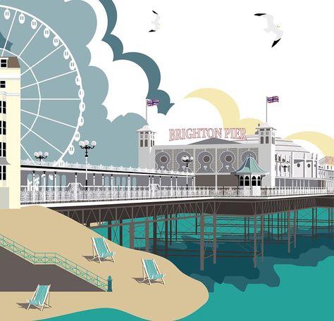 Brighton Pier design by Natalie Singh Pier Drawing, Pier Shirt, Brighton Pier, Brighton Pier Illustration, British Seaside Piers, Surface Pattern Design, Surface Pattern, Brighton, Pattern Design