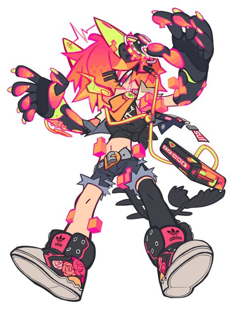 Chibi Crossing Arms, Funky Pose Reference, Rocker Character Design, Funky Character Design, Chibi Style Reference, Hybrid Character Design, Neon Oc, Illustrative Design, Nice Drawings