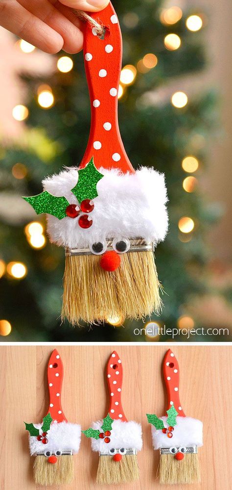 Decorate your Christmas tree with this adorable DIY paint brush Santa! These Santa Claus ornaments made from a paintbrush are really cute and super easy to make. It's such a fun Christmas craft for kids and a great holiday craft for tweens, teens, adults, and seniors. Christmas Ornaments Diy Paint Brush, Kid Christmas Crafts Ornaments, Ornaments For Outside Trees, Making Christmas Ornaments Diy Crafts, Diy Christmas Ornaments Adults, Paint Brush Santa Craft, Christmas Crafts Diy Projects For Adults, Xmas Tree Ornaments Diy Craft Ideas, Diy Santa Crafts