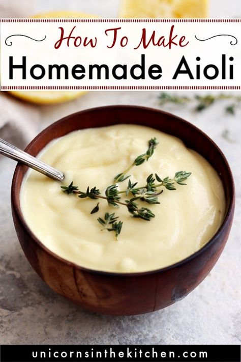 This garlic aioli recipe from scratch would change your life! This easy homemade sauce is perfect for dipping fried or crab cakes and is so delicious thanks to garlic and lemon. Check out other variations such as chipotle spicy and cilantro lime in the recipe. #aioli #aiolirecipe #homemadesauce Lemon Aoli Dressing, Garlic Lime Aioli, Aoli Recipe For Crab Cakes, Aoili Recipe Garlic, Aoili Recipe Homemade, Homemade Aioli Recipe, Homemade Garlic Aioli, Aioli For Crab Cakes, Lemon Aoli Recipe