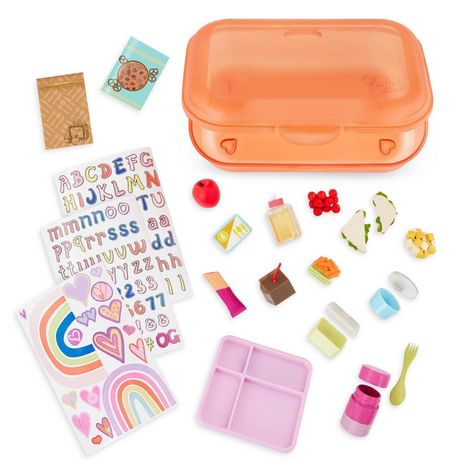 Unpack school day favorites with the Our Generation Ready for Lunch accessory set! Featuring over 20 play pieces, this 18-inch doll school set has everything kids need to explore hours of storytelling, including a storage case that doubles as a real pencil case for kids! Plus, this set includes 3 sticker sheets for added decorating and personalization. Use the cafeteria card to build a complete food tray with breakfast items like a cereal bar, apple, juice, and milk. The lunch bag will hold othe Our Generation Doll Storage, My Life Doll Stuff, Stitch Room, Our Generation Doll Accessories, Og Doll, My Life Doll Accessories, Lunch School, Og Dolls, School Wishlist