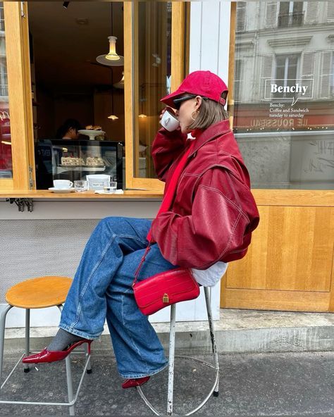 Red Purse Outfit, Red Sox Outfit, Red Outfit Winter, Colorful Winter Fashion, Red Heels Outfit, Red Jacket Outfit, Fall Outfit Trends, Red Leather Pants, Cap Outfit