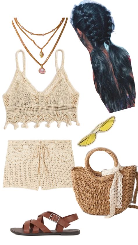 Outfit including beige crochet top and shorts along with a wicker bag and brown sandals Chill Aesthetic Outfit, Beachy Boho Outfits, Chill Aesthetic, Outfit Collages, Florida Fashion, Beachy Boho, Outfit Collage, Beach Boho, Boho Aesthetic