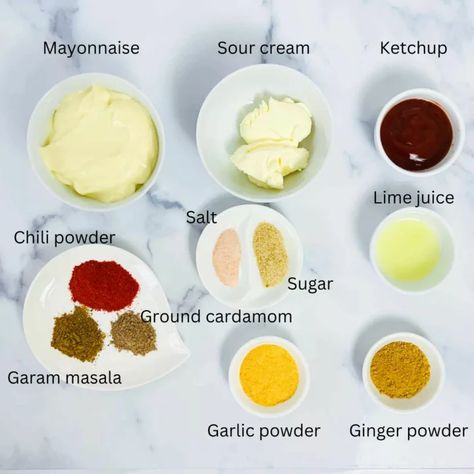 Tandoori mayo ingredients with labels. Tandoori Mayonnaise Recipe, Tandori Spice Recipe, Japanese Spicy Mayo, Japanese Mayo Uses, Veg Mayo Sandwich, Grilled Paneer, Vegetable Skewers, Mayonnaise Recipe, Clay Oven