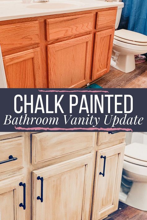 DIY chalk paint updated bathroom vanity cabinet using Rustoleum chalk paint and glaze. A full tutorial on using this paint and the pros and cons associated with it. Updated Bathroom Vanity, Bathroom Vanity Update, Vanity Update, Rustoleum Chalk Paint, Painted Vanity Bathroom, Updated Bathroom, Oak Vanity, Vanity Makeover, Vanity Cabinets