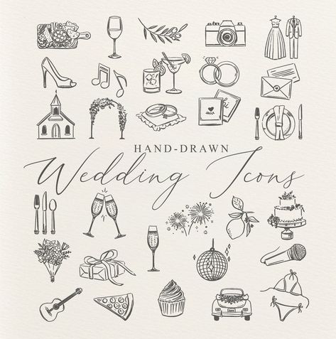 Wedding Ring Drawing, Wedding Clipart Free, Line Art Icons, Wedding Poster Design, Hand Drawn Invitation, Wedding Clip Art, Hand Drawn Wedding, Wedding Clip, Hand Drawn Icons