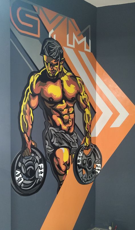 Wallpaper For Gym Wall, Gym Wall Art Ideas, Gym Painting Ideas Wall Art, Gym Graphic Design Wall Art, Gym Art Graffiti, Home Gym Mural, Wall Penting Design, Gym Painting Ideas, Gym Wallpaper Backgrounds