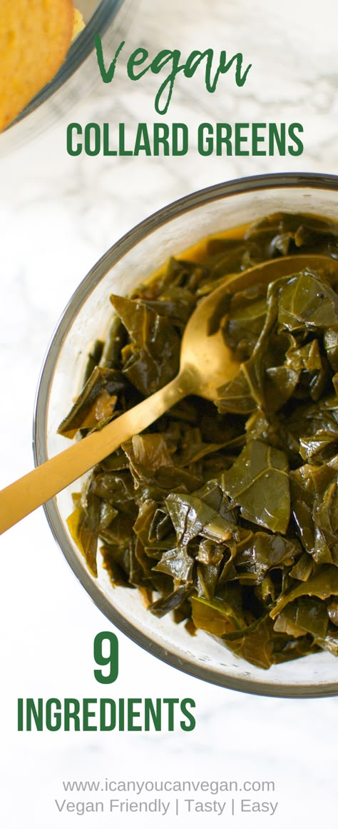 This Easy Vegan Collard Greens recipe is so simple to put together! These vegan collard greens can be made in advance and are perfect for the holidays! These Easy Vegan Collard Greens only require 9 ingredients! Check out this post to find out how to make them yourself! #CollardGreens #VeganRecipes #VeganHoliday #PlantBasedRecipes #VeganCollardGreens #VeganSideDish #Southern #SouthernCollardGreens #EasyCollardGreens #CollardGreensRecipe #VeganGreens #Collards #EasyGreens #Easy Vegan Collard Greens Recipe, Vegan Collard Greens, Southern Collard Greens, Nora Cooks, Collard Greens Recipe, Vegan Soul Food, Vegan Side Dishes, Vegan Sides, Vegan Thanksgiving