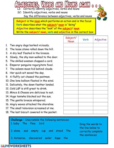 Adjectives Verbs and Nouns Again worksheet Nouns And Verbs Worksheets, Adverbs Worksheet, Nouns Verbs Adjectives Adverbs, Adjective Worksheet, Worksheets For Grade 3, Nouns Verbs Adjectives, Nouns Worksheet, Nouns And Adjectives, Grade Spelling