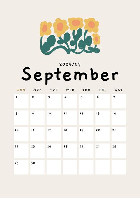 Beige Cute Playful Organic Flower Illustration 2024 Calendar A4 Document - Templates by Canva Organisation, Study Planner Ideas, Calender Printables, Wedding Planner Printable, Free Printable Calendar Templates, Calendar Background, Kalender Design, September Calendar, A4 Document