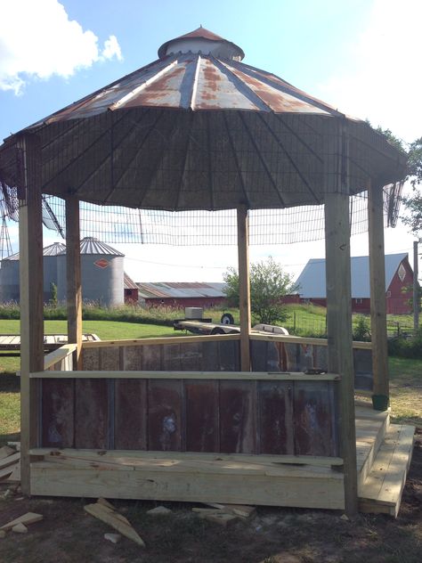 Corn Crib Gazebo with Rustic Tin Roof Chair Rail Tin Roof Gazebo, Silo Gazebo, Rustic Railing, Grain Bin Gazebo, Bin Gazebo, Pond Dock, Grain Bins, Petting Farm, Gazebo Decorations