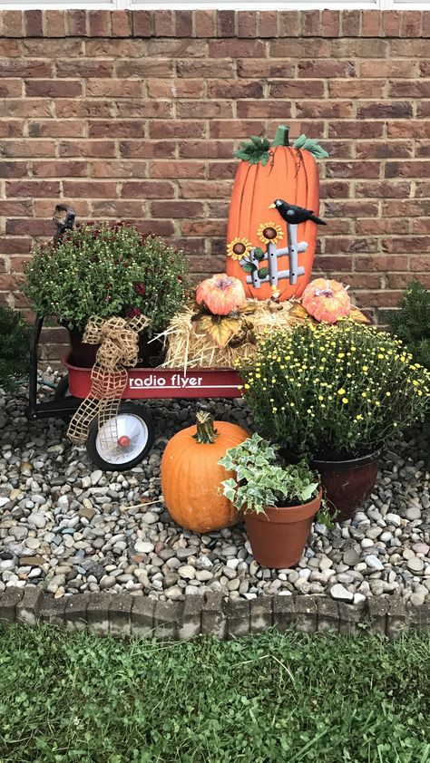 Fall and a red wagon Radio Flyer Fall Decor, Wagon Fall Decor, Red Wagon Fall Decor, Fall Wagon Display, Fall Wagon Decor, Fall Yard Decor, Outside Fall Decor, Fall Front Porch Decor, Outside Decorations