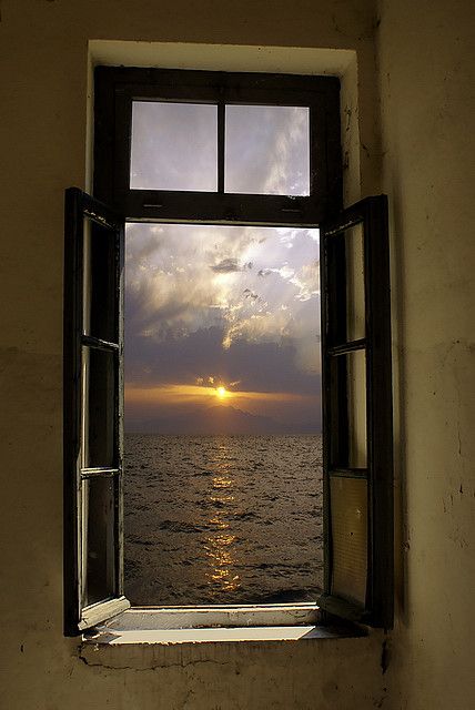 Sunrise through the old windnow by Makednos, via Flickr An Open Window, Sun Setting, Looking Out The Window, Beautiful Windows, Window View, Through The Window, Open Window, Through The Looking Glass, Window Sill