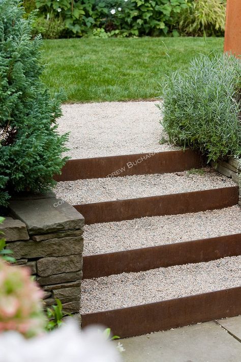 Steel risers back filled and topped with gravel - Combined with stacked stone wall Steel Garden Edging, Landscape Stairs, Garden Stairs, Outdoor Steps, Sloped Garden, Deco Nature, Garden Steps, Outdoor Stairs, Garden Edging