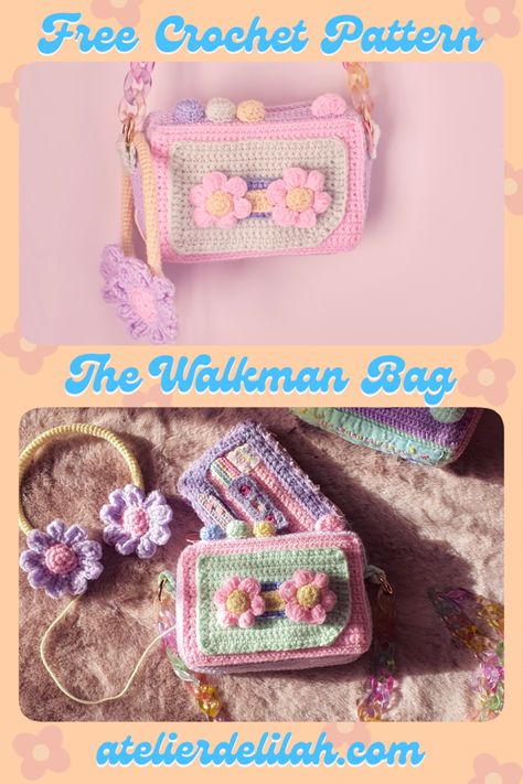 Hooked on Nostalgia: Crochet This Cute Walkman Bag Now - Atelier Delilah Crochet Bag Decoration Ideas, Crochet Secret Stash, Kawaii Crochet Blanket, Crochet Kawaii Bag, Kawaii Crochet Pattern Free, Blanket Business, Spooky Crochet, Learn Crochet, Mochila Crochet