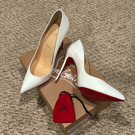 Never Worn, But Had The Heel Shortened About Half An Inch, Protective Film Adhered. Lou Button Heels, White Louis Vuitton Heels, Wedding Heels Red Bottoms, Wedding Shoes Red Bottoms, White Loubitons Heels, Red Bottom Wedding Heels, White Red Bottom Heels, Red Bottom Heels Aesthetic, Loubuitton Heels