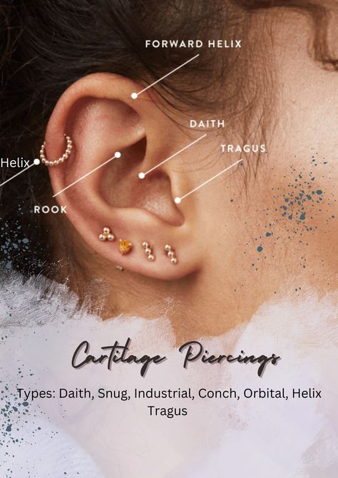 Some locations of the cartilage piercings Tragus, Cartilage Piercings, Forward Helix, Types Of Piercings, Cartilage Piercing, Piercings, At Home