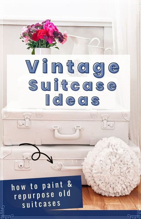 How to decorate with old suitcases. Use vintage cases and luggage in your home decor. DIY decorate a suitcase. Painted luggage ideas. Painting Suitcases Diy Ideas, Suitcase Table Diy, Painted Luggage, Decoupage Suitcase, Vintage Suitcase Decor, Faux Concrete Wall, Painted Suitcase, Luggage Ideas, Suitcase Table