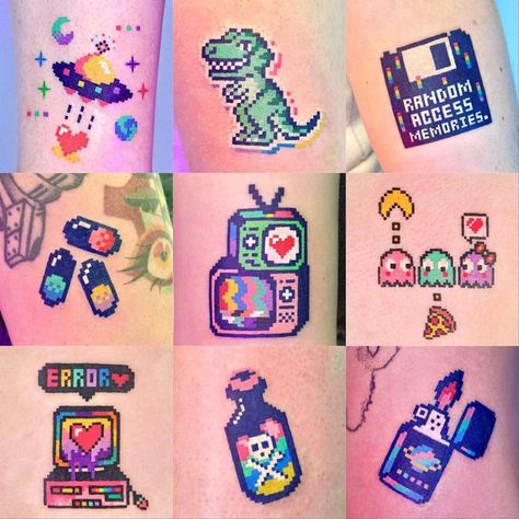 Pixel Tattoo 8 Bit, 80s Aesthetic Tattoo, Nostalgia Tattoo Ideas, Pixel Art Tattoo, Super Mario Tattoo, Streaming Tips, Pixel Tattoo, Anne Movie, Cute Simple Tattoos