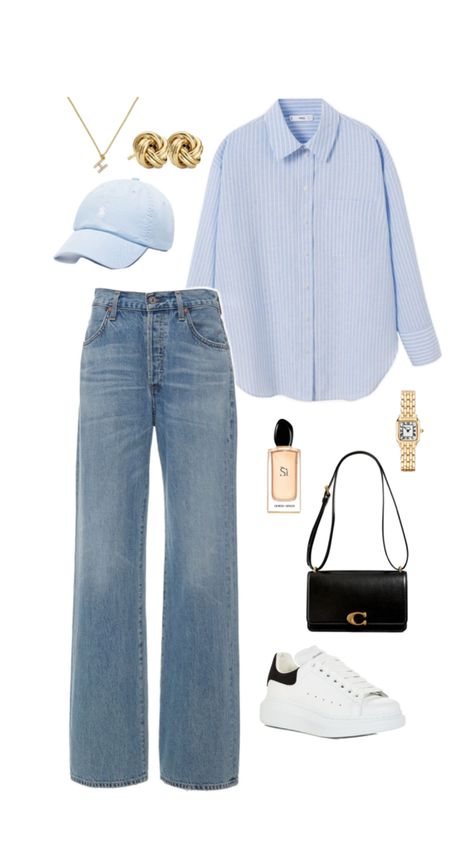 Blue Top Outfit, Blue Striped Shirt Outfit, Spring Outfit Idea, Striped Tops, Blue Jean Outfits, Casual College Outfits, Korean Casual Outfits, Hijabi Outfits Casual, Casual Day Outfits