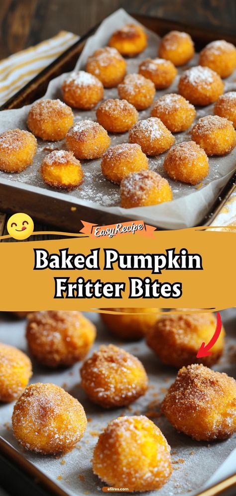 Enjoy these bite-sized pumpkin fritters, oven-baked to perfection. They're the ideal blend of sweet and spice, perfect for autumn snacking. #PumpkinFritters #AutumnTreats #HealthySnacking Baked Pumpkin Fritters, Pumpkin Bites Easy, Bite Size Pumpkin Desserts, Baked Pumpkin Fritter Bites, Pumpkin Fritters Recipe, Pumpkin Spice Bites, Pumpkin Snacks, Pumpkin Bites, Canned Pumpkin Recipes