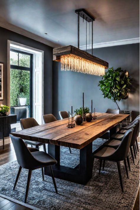 Dining room with exposed brick and metal chandelier Modern Cabin Dining Room, Industrial Room Decor, Dining Room Design Contemporary, Blackwood Furniture, Large Dining Room Ideas, Rustic Modern Dining Room, Dining Area Interior Design, Modern Industrial Dining Table, Industrial Dining Room Decor