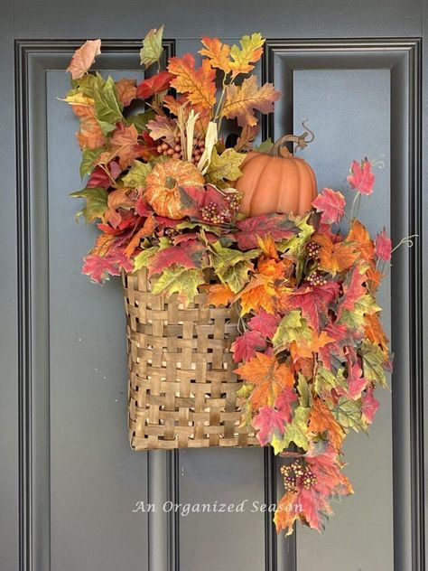 Fall Hanging Baskets, Inexpensive Wreaths, Front Door Baskets, Fall Basket, Mums In Pumpkins, Fall Decor Wreaths, Fall Porch Decor, Basket Wreath, Porch Pumpkins