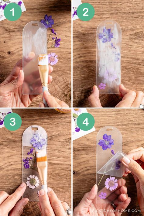 Learn how to craft easy pressed flower bookmarks for gorgeous DIY gifts. In minutes, you can create beautiful keepsakes for friends and family using either store-bought pressed flowers or DIY pressed flowers. #bookmarks #diygifts #pressedflowers #firstdayofhome Using Pressed Flowers, Pressed Flower Stationary, Pressed Flower Laminated Bookmarks, Flower Pressing Ideas, What To Do With Pressed Flowers Diy, Pressed Flower Crafts Gift Ideas, How To Make Pressed Flower Frame, Pressed Flowers In Resin, Dried Flowers Craft Ideas