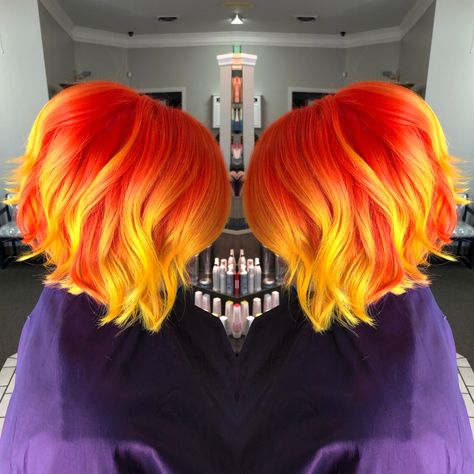 This fiery orange to bold yellow balayage gives me life. #pulpriotisthepaint #vividhair #vivalavivids #orangehair #yellowhair #balayage #thatblendtho #aperfectimagesalon #nofilter Red Orange Yellow Hair Short, Fall Color Pixie Hair, Red And Yellow Hair Color, Orange Roots Purple Hair, Red To Yellow Hair, Fire Hair Short, Red To Yellow Ombre Hair, Yellow Orange Hair Color, Fire Colored Hair