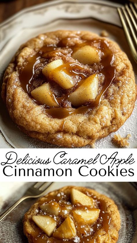 Warm, soft, and full of fall flavors, these Caramel Apple Cinnamon Cookies are a must-try! Perfectly spiced with caramel bits, they’re easy to make and great for sharing on crisp autumn days. Carmel Apple Cider Cookie Recipes, Gluten Free Caramel Apple Cookies, Cinnamon Apple Snickerdoodle Cookies, Caramel Apple Crumble Cookie, Salted Caramel Cookies Crumbl, Apple Christmas Cookies, Cinnamon Caramel Cookies, Easy Apple Cookies Recipes, Easy Caramel Cookies