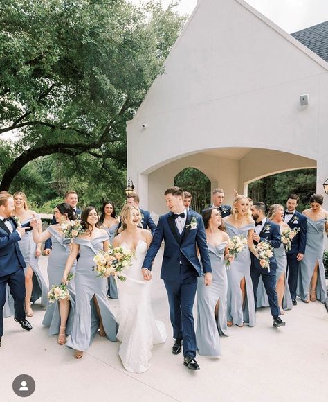 Dusty Blue Bridesmaid Black Groomsmen, Dusty Blue Groom Attire, Dark Blue Groomsmen Suits Bridal Parties, Groomsmen Dark Blue Suit, Shades Of Blue Wedding Party Attire, Twilight Blue Wedding Party, Groomsman Color Scheme, Blue Tux Wedding Color Schemes, Blue Groomsmen Suits Color Schemes