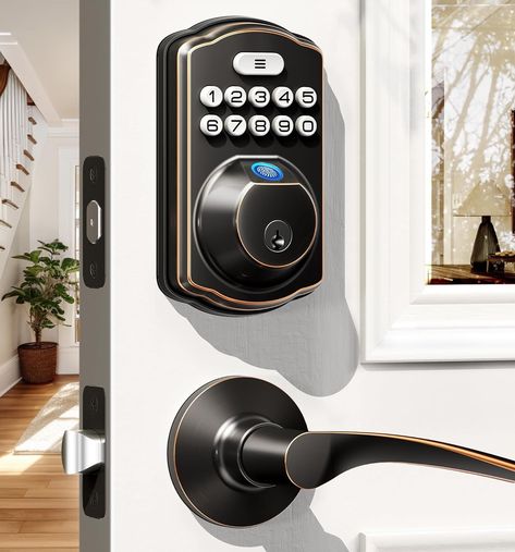 Veise Fingerprint Door Lock with 2 Lever Handles - Keyless Entry Door Lock, Electronic Keypad Deadbolt & Front Door Lock Handle Sets, Auto Lock, Easy Installation, Matte Black - Amazon.com Fingerprint Door Lock, Keyless Entry Door Locks, Entry Door Locks, Smart Door Locks, Front Door Locks, Keyless Entry, Door Levers, Lever Handle, Door Locks