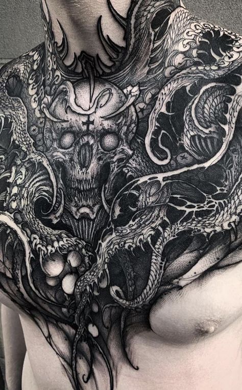 Incredible, huge, blackwork, tentakle, snake, skull, dark art front/chest tattoo, by our good friend @yao_atf Scary Chest Tattoo, Occult Chest Tattoo, Goth Chest Tattoo Men, Demon Chest Tattoo, Demon Back Tattoo, Gothic Chest Tattoo, Skull Chest Tattoo, Demonic Tattoos, Gotik Tattoo