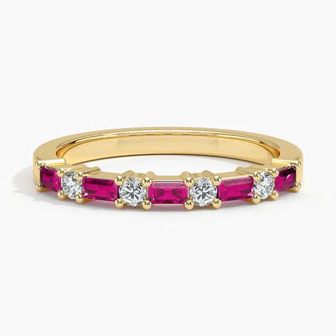 Leona Lab Ruby and Diamond Wedding Ring - 18K Yellow Gold. This vintage-inspired ring features shimmering lab ruby baguettes alternating with round diamonds for an eye-catching look. The delicate, high polish band adds distinctive appeal (1/10 total carat weight).   As a Brilliant Pick, this piece displays the best and brightest in fashion and design and is beloved by Brilliant Earth designers and customers alike. Colored Wedding Band, Senior Ring, Senior Rings, Colored Wedding Bands, Ruby Wedding Rings, Ruby And Diamond Ring, Wedding Anniversary Rings, Ring Ideas, Diamond Wedding Ring