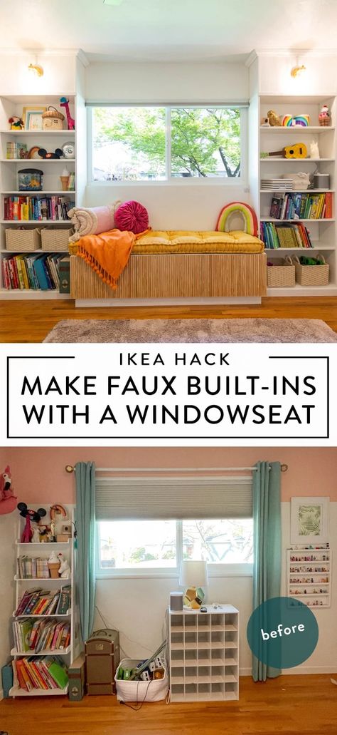 We added DIY built in bookshelves to our daughter's bedroom and it completely transformed the space! Check out this easy IKEA hack window seat with built in shelves. The instructions are simple to follow and the result is stunning. Ikea Billy Bookcase Hack Around Window, Window Outside Design, Built In Shelves Around Window, Window Design Architecture, Ikea Window Seat Hack, Diy Built In Bookshelves, Window Seat With Bookshelves, Ikea Window Seat, Diy Built In Shelves