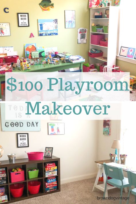 $100 playroom Makeover - A super budget friendly DIY room makeover for the kids.  DIY nerf gun wall, DIY desk, paint, and storage ideas #createandfind #playrooms #diyprojects #roommakeovers Diy Room Makeover, Playroom Makeover, Budget Friendly Diy, Diy Playroom, Colorful Playroom, Wall Diy, Playroom Ideas, Budget Friendly Decor, Diy Makeover