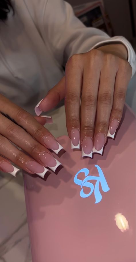 Basic French Tip Nails Square, Classic French Tip Nails With Design, French Tip Base Color Chart, Boujie Nails Acrylic Short, Half Inch Nails, Simple Nail Ideas Black Women, Short Modern French Nails, Medium Frenchies Nails, Long Square Acrylic Nails French Tip Design