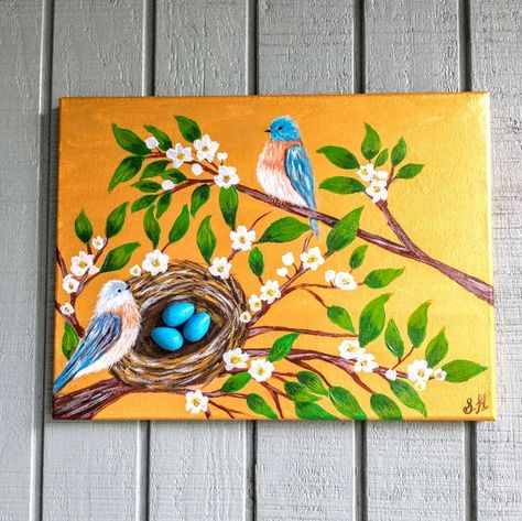 Original Acrylic Blue Birds Painting With Howlite Crystal Eggs Bird Art Acrylic Painting, Bird And Nest Drawing, Colorful Animal Paintings Acrylics, Landspace Drawing, Spring Paintings Acrylic, Painting Birds Acrylic, Simple Bird Painting, Spring Canvas Painting, Birds Canvas Painting