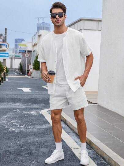 All White Mens Outfit Summer, Men In White Outfits, Mens White Shorts Outfit, White Outfits Men Casual, White Short Outfits Summer, White Summer Outfits Men, All White Outfit Men Street Styles, Men’s White Outfit, All White Outfit Men Casual