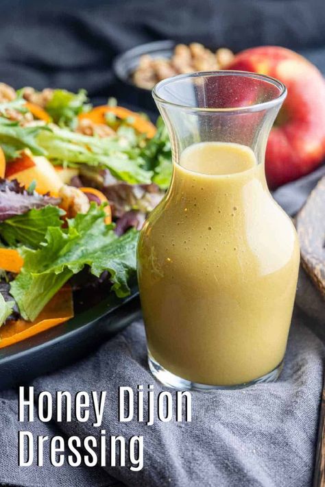 Make this simple but delicious homemade honey mustard dressing for your salad with just a handful of ingredients! This recipe from Home. Made. Interest. is loaded with flavor and tastes great in lots of different salads or as a dip for chicken tenders, fries, and more. Dijon Vinaigrette Dressing, Homemade Honey Mustard Dressing, Honey Dijon Dressing, Honey Mustard Salad Dressing, Vinaigrette Dressing Recipe, Dijon Dressing, Homemade Honey Mustard, Different Salads, Honey Mustard Vinaigrette