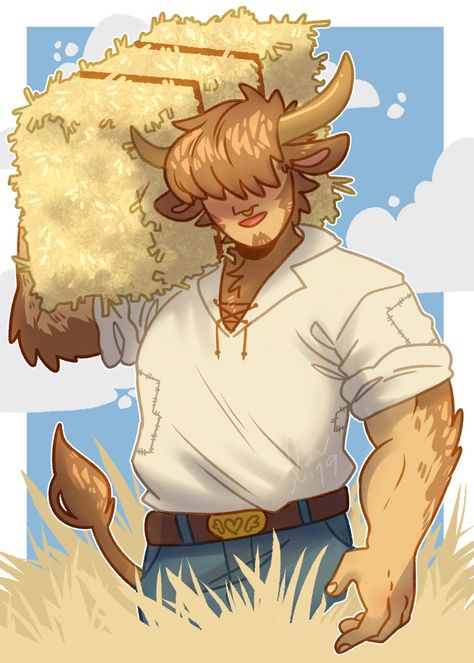 Highland Cow Character Design, Highland Cow Fursona, Cow Person Character Design, Ram Human Hybrid, Cow Boy Drawings, Bull Hybrid Oc, Goat Man Character Design, Cow Human Hybrid Oc, Cow Hybrid Oc Male