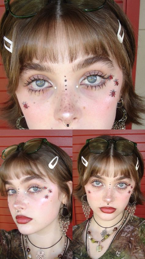 Gremlin Core Makeup, Hippies Make Up, Gremlincore Makeup, Simple Fairycore Makeup, Fairy Goth Makeup, Hippie Makeup Looks Boho Style, Goblin Core Makeup, Twee Makeup, Hippie Eye Makeup