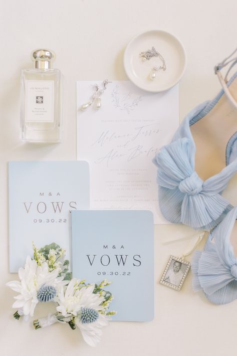 Blue wedding invitation and blue bridal shoes in flat lay for wedding Dusty Blue Detail Shots, Wedding Stationary Flatlay, Bridal Flat Lay Photography, Blue Wedding Flatlay, Bridal Details Flat Lay, Flat Lay Detail Shots Wedding, Bridal Flat Lay, Soft Blue Wedding Theme, Lay Flat Wedding Details