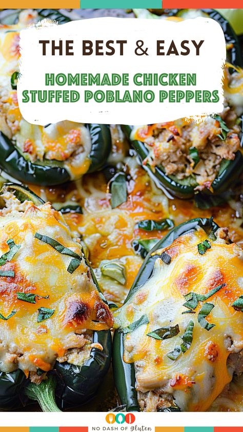 Spice up your dinner with Homemade Chicken Stuffed Poblano Peppers! These flavorful peppers are packed with a delicious mixture of shredded chicken, rice, corn, and Monterey Jack cheese, all seasoned to perfection. It's a hearty, satisfying dish that brings a touch of Mexican flair to your table. Perfect for family dinners or entertaining guests. Try this easy and mouth-watering recipe tonight and impress your loved ones! Pin this recipe now and get cooking! Buffalo Chicken Stuffed Poblano Peppers, Things To Make With Poblano Peppers, Stuffed Chili Relleno Recipe Anaheim Peppers, Ground Chicken Poblano Peppers, Poblano Stuffed Chicken, What To Make With Poblano Peppers, Chicken And Poblano Peppers, Chicken And Cheese Stuffed Poblano, Stuffed Pablo Peppers With Chicken