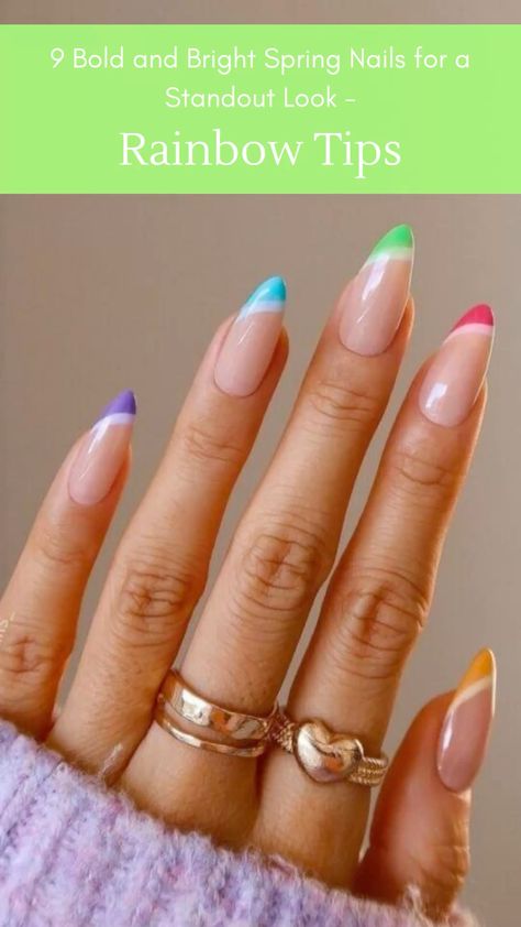 French manicures get a colorful upgrade with rainbow tips. Each nail features a different bright hue for a cheerful yet cohesive look. Multicoloured French Tip Nails, Bright Color Nails, Bright Spring Nails, Rainbow Tips, Spring Nail Ideas, Graduation Nails, Melt Cosmetics, French Manicures, Bright Spring