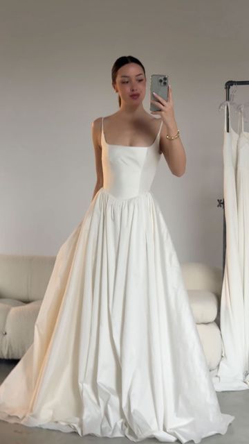 Aesling | For modern brides on Instagram: "Our Amelie gown, customized with a basque waist 🤍" Wedding Dresses Shapes, Flowy A Line Dress, Wedding Dress Small Woman, Vintage Drop Waist Wedding Dress, Pleated Wedding Gown, Elegant Whimsical Wedding Dress, Drop Waist A Line Wedding Dress, Bold Wedding Dresses, Sewing A Wedding Dress