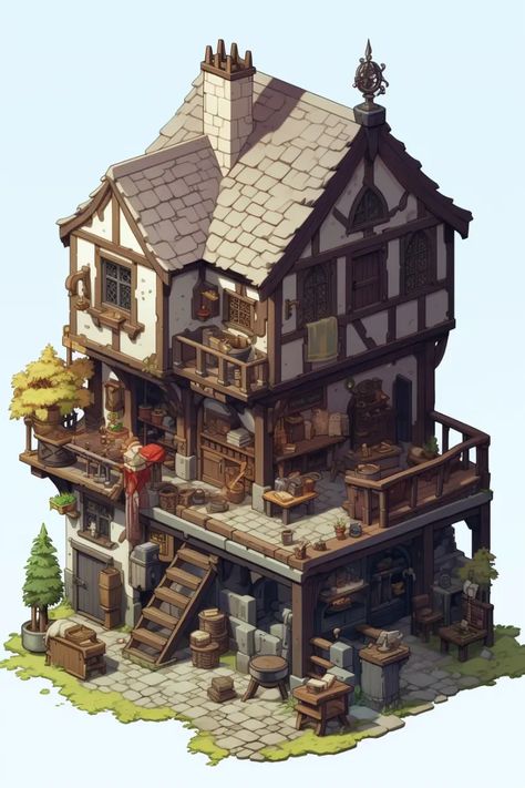 https://aituts.com/wp-content/uploads/2023/07/yubinm_Isometric_clean_pixel_art_image_cutaway_medieval_house_o_07d935d7-09c5-44c2-bf2b-4050e9339272.webp Isometric Building Illustration, Medieval Fort, Fantasy House Concept, Castle Concept Art, Minecraft Medieval House, Fantasy Buildings, Minecraft Cottage, Minecraft Castle, Medieval Houses