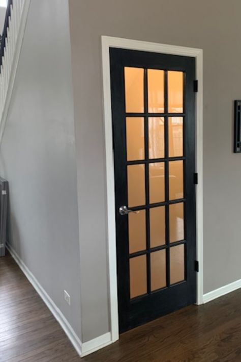 A French door creates openness and an inviting feeling to your finished basement. French Doors To Basement, Door Leading To Basement, Glass Door Basement Stairs, Interior Glass Doors To Basement, Small Basement Door Ideas, Glass Door Basement, Diy Basement Door, Basement Bedroom Door Ideas, Iron Ore Basement Bar