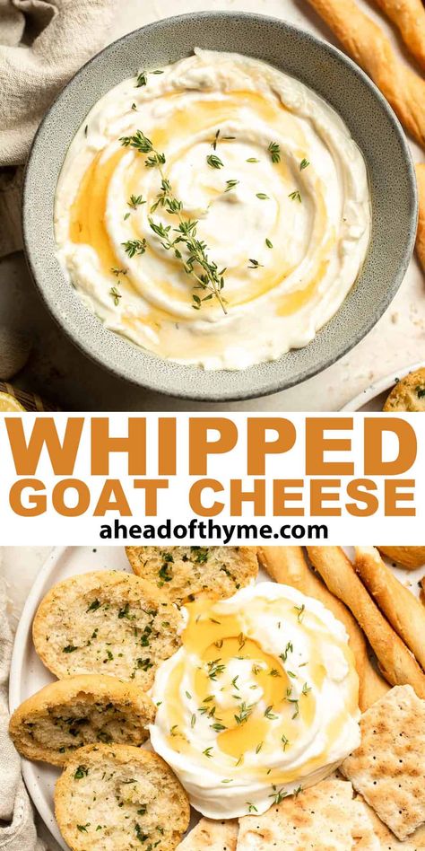 Whipped Goat Cheese Goat Cheese And Jam Appetizer, Whipped Goat Cheese Recipes, Whipped Goat Cheese Spread Honey, Goat Cheese Dip Easy, Goat Cheese Queso Dip, Whipped Cheese Appetizer, Goat Cheese Cream Cheese Dip, Whipped Goat Cheese Dip Honey, Savoury Dips Recipes