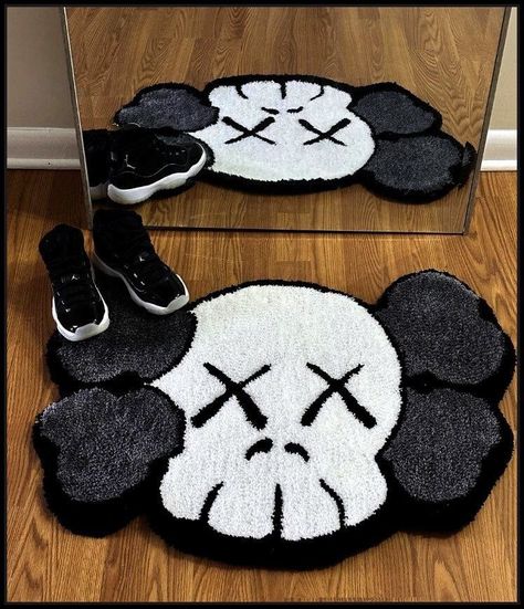 Rugs In Bedroom Custom, Pop Culture Rugs, Graphic Rugs In Bedroom, Aesthetic Bedroom Rug, Cool Rug Designs, Kaws Carpet, Cool Bedroom Rugs, Cool Rugs For Bedroom Men, Cute Carpets Bedrooms